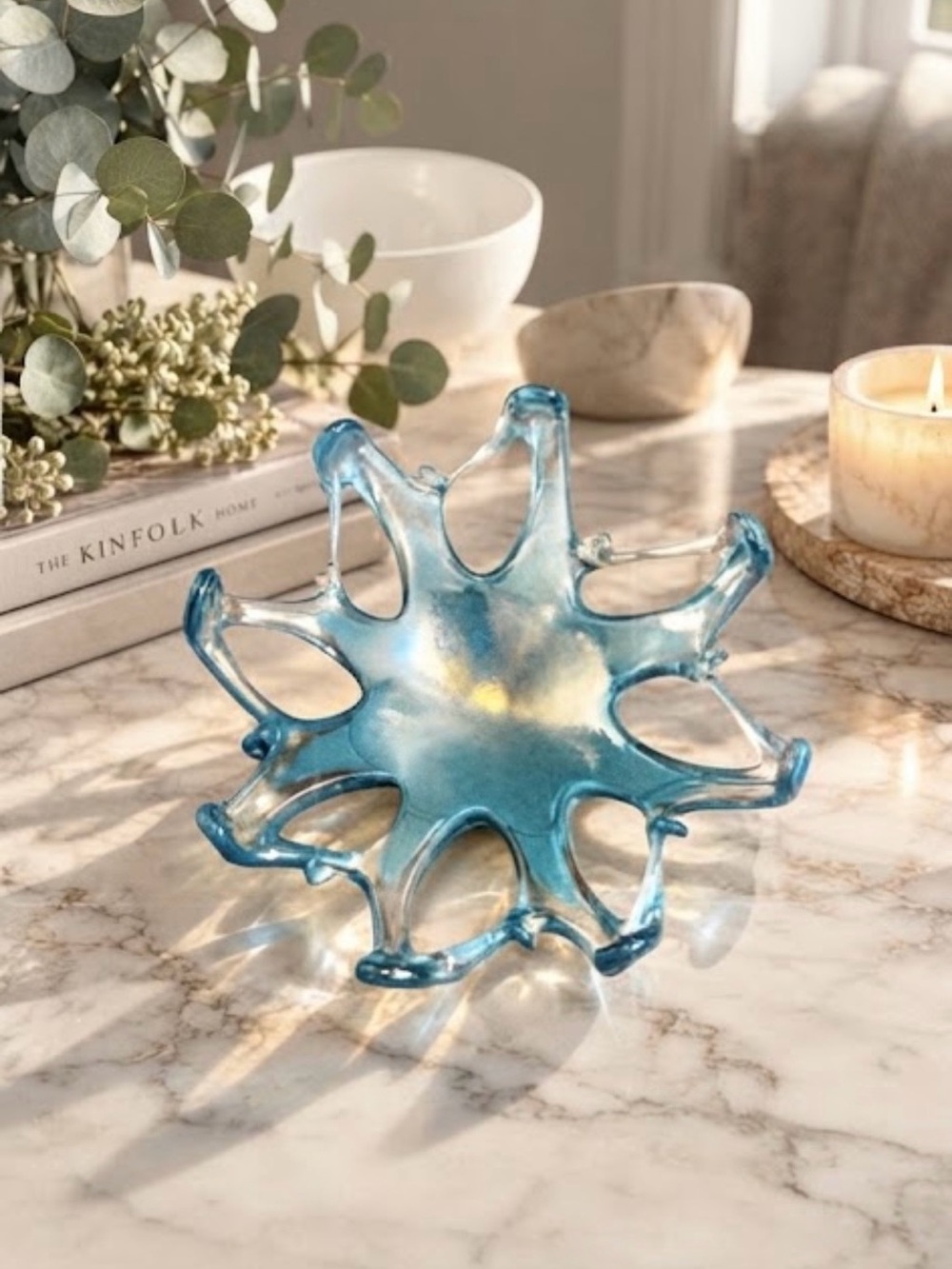 Vintage Murano Lavorazione Arte Italian Blue Hand Blown Glass Bowl 7.5”